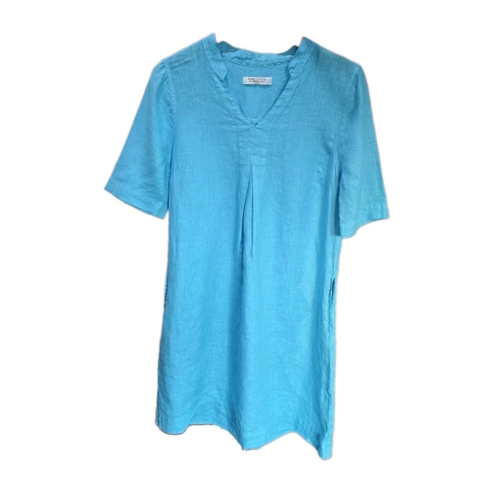 Harris Cotton Turquoise Midi Shift Linen Coastal Classic Resort Wear Dress Small - Picture 2 of 9